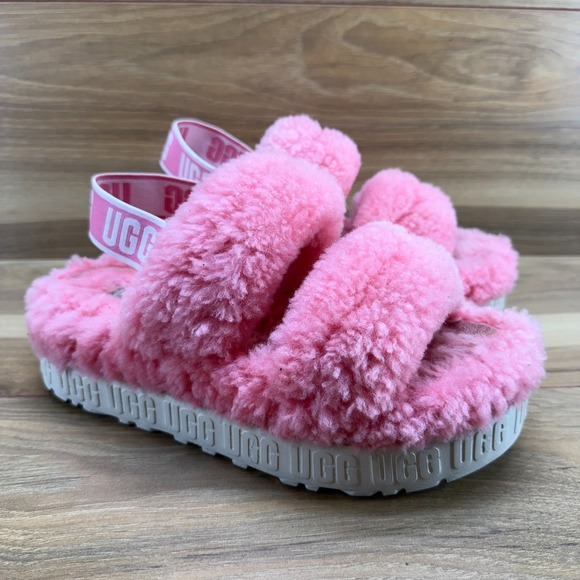 UGG Fluffita Slipper Slingback Womens 7 Pink Fur Fluffy Platforms - Picture 2 of 11